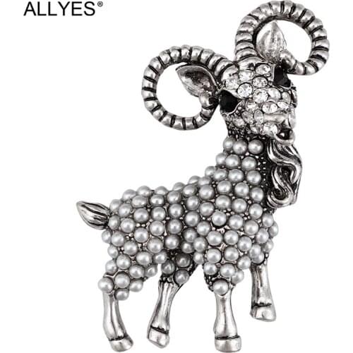 ALLYES Goat Shaped Vintage Brooches For Women Party Simulated Pearl Rhinestone Crystal Alloy Clothes Pin Animal Brooch Jewelry