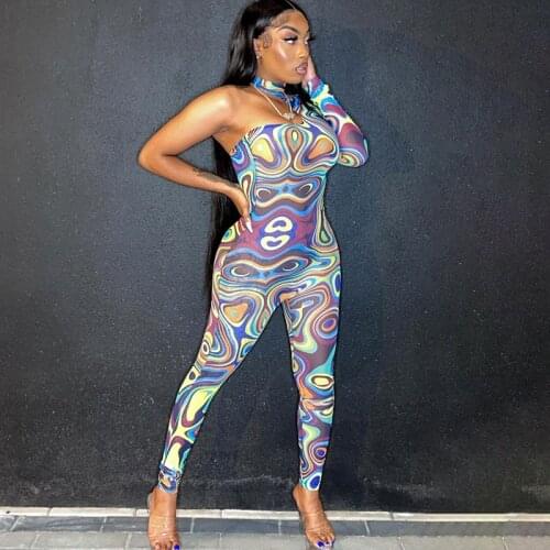 Colorful Striped Print Jumpsuit Women Sexy One Shoulder Long Sleeve Leggings Slim Sheer Mesh Clubwear Rompers Womens Jumspuit