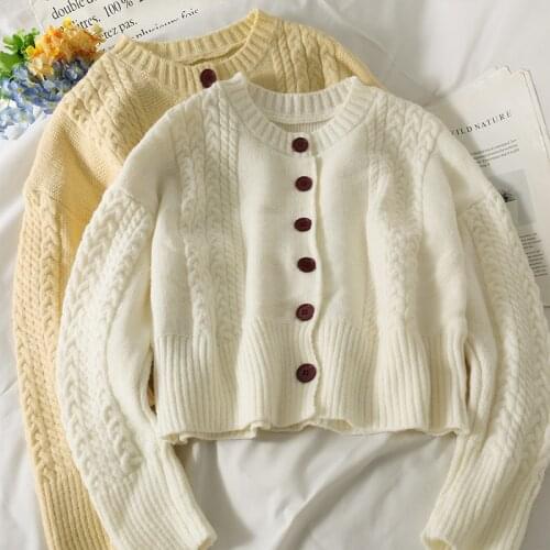 Retro Twist Knitted Sweater Cardigan Women Autumn Winter Fashion Loose Knitwear Single Breasted Causal Solid V-neck Jumpers