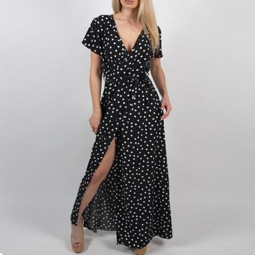Maxi dress women 2020 polka dot women summer dress long slit dress sexy v neck swimming pool party boho beach dress plus size