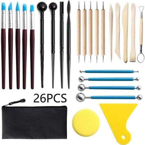 Ceramic Clay Carving Tool Set Polymer Clay Utensils Wood Pottery Tools Clay Cleaning Storage Bag 26 Piece Clay Tool Set