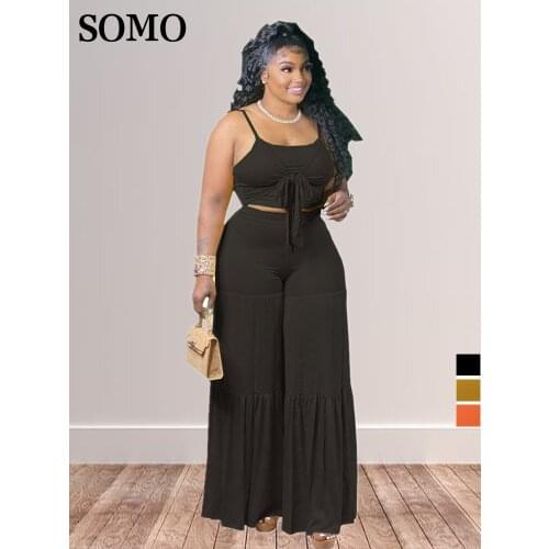 4xl 5xl Plus Size Womens Clothing Solid Color Stitching Lace Up Sling Tops Casual Wide Leg Pants Suit Wholesale Dropshipping