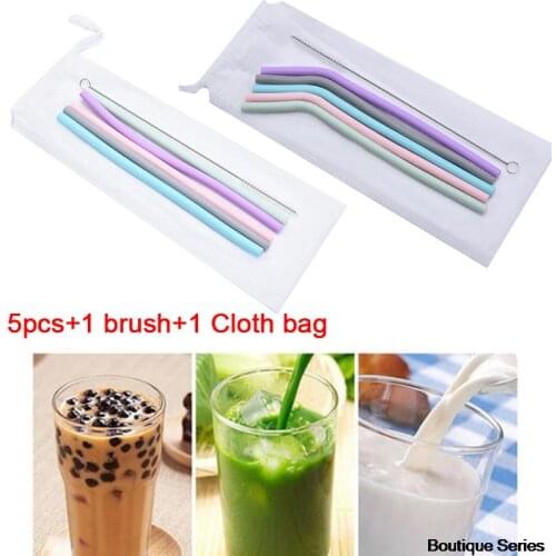 5Pcs Reusable Food Grade Silicone Straw With Cleaning Brush Juice Milk Tea Drink Cocktail Straight Tube Party Drinking Bar Tools