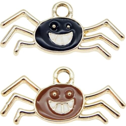 Julie Wang 6PCS Enamel Spider Charms Black Brown Cartoon Halloween Spider Pendants Alloy Jewelry Making Accessory