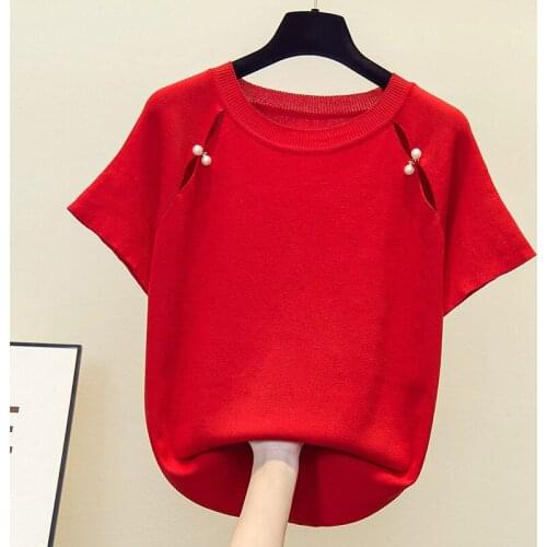 Oversized 4XL Knitted Red Women T-Shirts Summer New Design 2021 O-Neck Beaded Slim Female Pulls Outwear Tops Tees