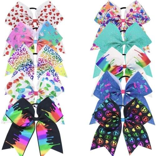 10Pcs Elastic Bow 8"Hair bows Boutique Rainbow Golden-plating Grosgrain Ribbon Pigtail Holder For School Girls Teens Cheerleader