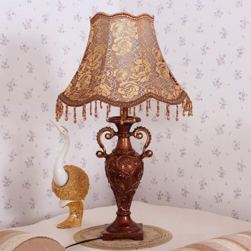 European romantic fabric large Table Lamps Vintage resin carved E27 LED dimming bedside lamp for bedside&narrow table ZLTD009