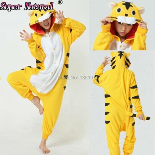 HKSNG Women Men Adult Winter Yellow White Tiger Footed Christmas Pajamas Onesies Hooded Pyjamas Cosplay Homewear Kigu