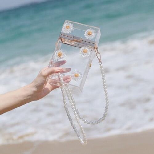 Personality Acrylic Clutch Evening Bag Transparent Flower Mini Party Bag Ladies Handbag Pearl Chain Bag Purse Wedding