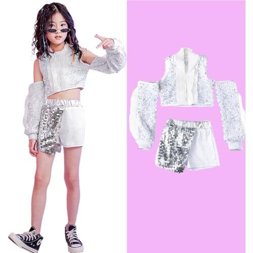 2Pcs Girls Sliver Sequin Crop Tops + Shorts Set Childrens Hip Hop Dance Stage Performance Wear Birthday Gift