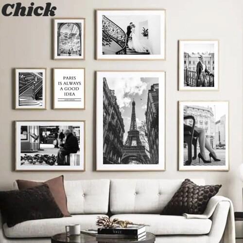 Fashion Paris Tower Street Girl Black White Nordic Posters And Prints Wall Art Canvas Painting Wall Pictures Living Room Decor