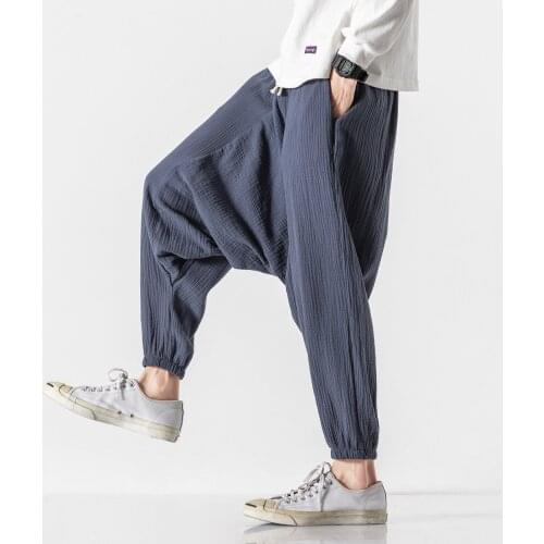 2020 Mens Harem Pants Baggy Solid Cross Pants Man Retro Streetwear Wide Legs Pants Male HipHop Joggers Cotton Linen Trousers