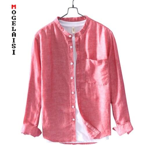New 2019 mens casual shirt spring linen cotton comfortable soft red tops long sleeve flax shirt camisas hombre LX-756
