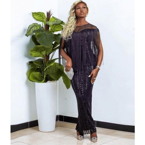 Nightclub Party Tassel Sequins Bag Hip A Line Maxi Dress Women Round Neck Mesh Glitter Long Dress Black Chic Dinner Dating Robe