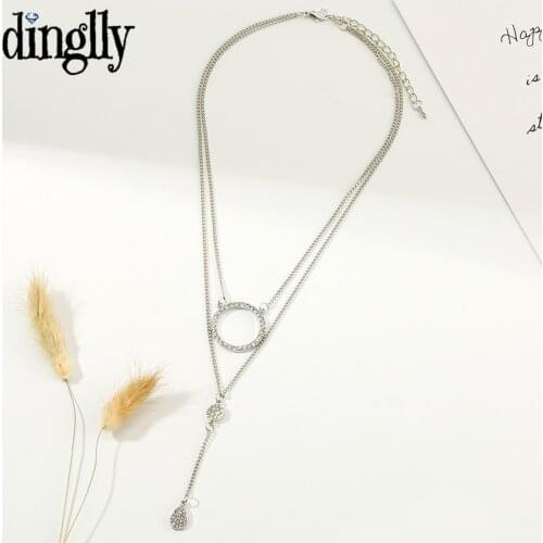 Dinglly Silver Color Round Dangle Drop Pendant Necklace For Women Girls Crystal Necklace Fashion Jewelry Gift