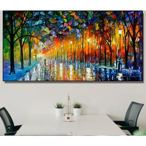 Landscape Painting Wall Art Oil Painting Lover in The Rainy Light Road Canvas Painting Wall Pictures for Living Room Home Decor