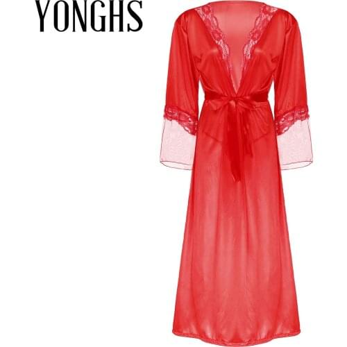 Sexy Long Lace Dress for Women Erotic Sexy Lingerie Exotic Appare Lace Patchwork Sexy Night Gown Sleepwear with G-string Belt