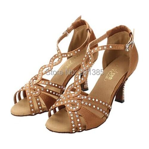 New Ladies Girls Tan Satin Crystal Salsa Ballroom Dance Shoes Latin Mambo Tango Dance Shoes ALL Size