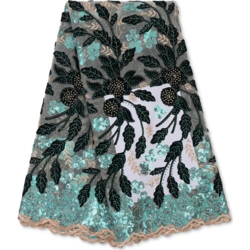 Green color Velvet Fabric Sequined African Lace Fabric Embroidered Nigerian Net Fabric with Stones For Wedding Dresse 4078B-2