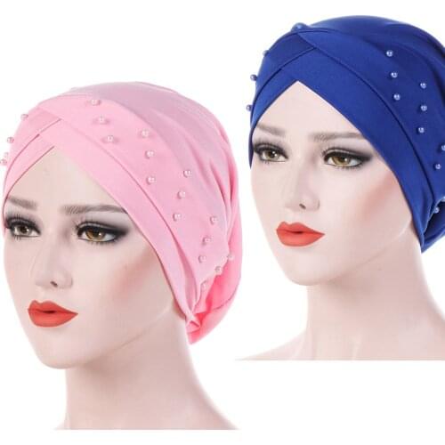 Women Beads Elastic Turban Hat Muslim Cancer Chemo Cap Hijab Head Wrap