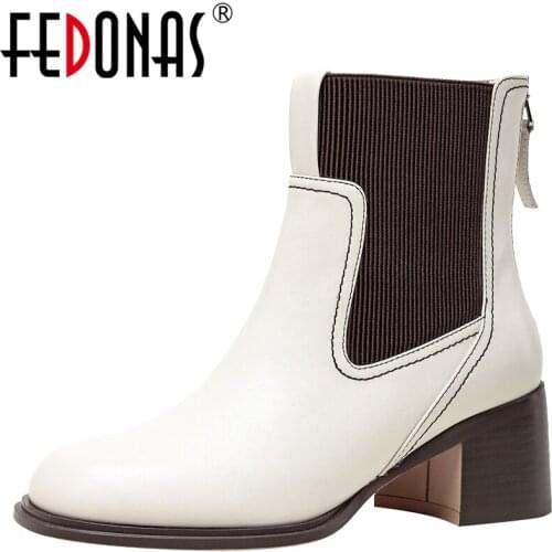 FEDONAS Classic Office Women Ankle Boots Autumn Winter Fashion Splicing Genuine Leather High Heels Back Zipper Short Shoes Woman