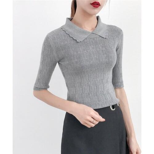 2020 new summer short sweater female sleeve head square neck loose sleeve shirt conditioning thin sweater shirt