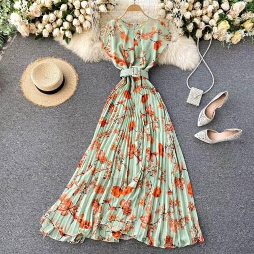 Women Pleated Floral Dress Summer French O Neck Sashes A-line Maxi Dresses Bohemian Print Romantic Holiday Beach Female Robe New