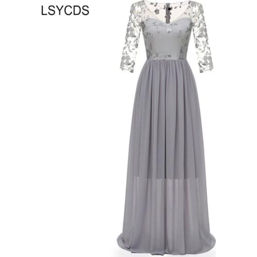 2020 Embroidery Mesh Maxi Women Dresses V-Neck 3/4 Sleeve Vintage Dress Apricot Evening Party Floral Chiffon Long Elegant Dress