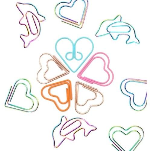 12Pcs Rainbow Heart Shaped Paperclips Colorful Dolphin Paper Clips Office Metal Binder Memo Clip For Scrapbook Planner Bookmark