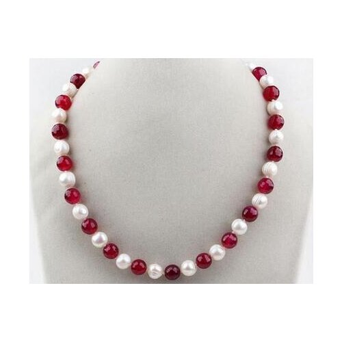 White Freshwater Pearl and 8MM Red Jade Round Beads