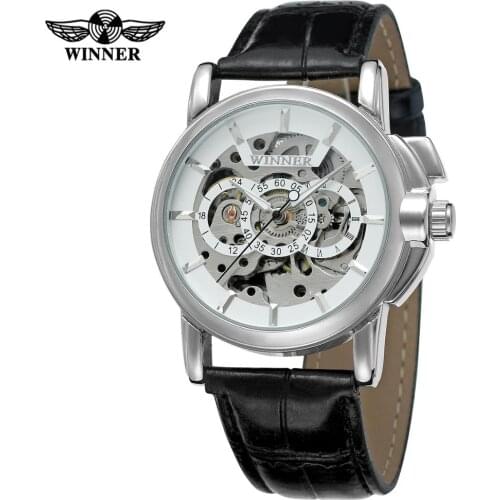 WINNER WATCH three circles unique pointer creative silver surface with black leather strap mens automatic watch