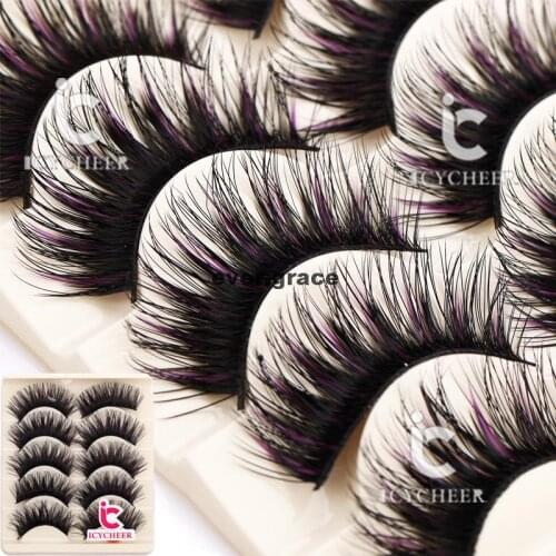 ICYCHEER 5 Pairs Makeup False Eyelashes Black & Purple Eye Lashes Extension Cosmetics