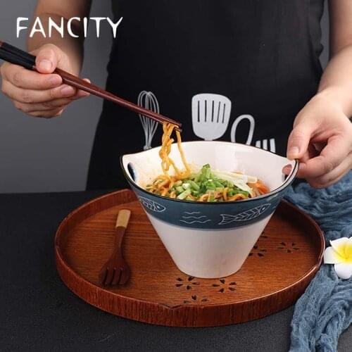 FANCITY Japanese style retro hand-painted ceramic bowl rice bowl noodle bowl soup bowl household binaural soup bowl dry noodle b
