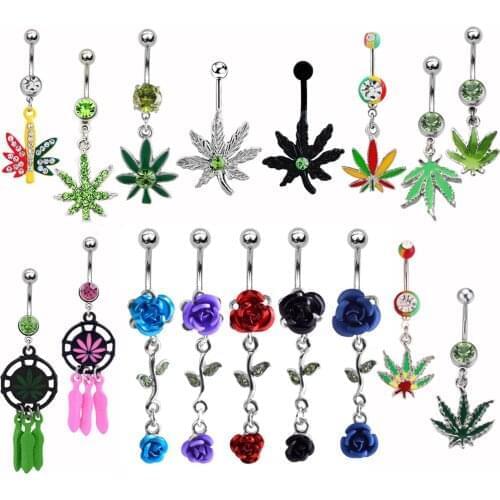 Maple of Leave Crystal Navel Ring Drop Dangle Body Piercing Surgical Nombril Ombligo Belly Button Rings Women Body Jewelry
