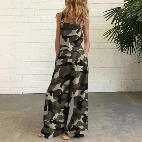 Camouflage Print Jumpsuit Romper Womens Sleeveless Overalls Jumpsuit Casual Summer Wide Leg Bib Pants combinaison femme