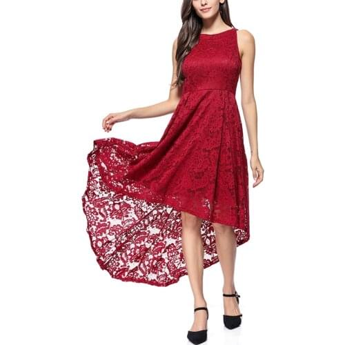 Lace Cocktail Dress O-Neck Elegant Women High Low Mesh Dress Sexy Sleeveless Party Maxi Dresses Female Pleated Beach Red Dress