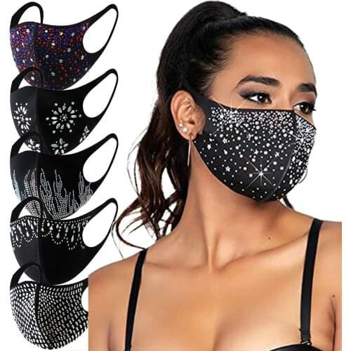 2021 Fashion Women Face Mask With Rhinestone Elastic Reusable Washable Christmas Masks Face Bandana Decor Jewelry Party Gift