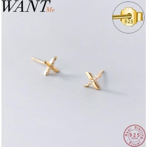 WANTME Minimalist Charming Crystal Zircon Gold Cross Stud Earrings for Women Genuine 925 Sterling Silver Teen Office Jewelry