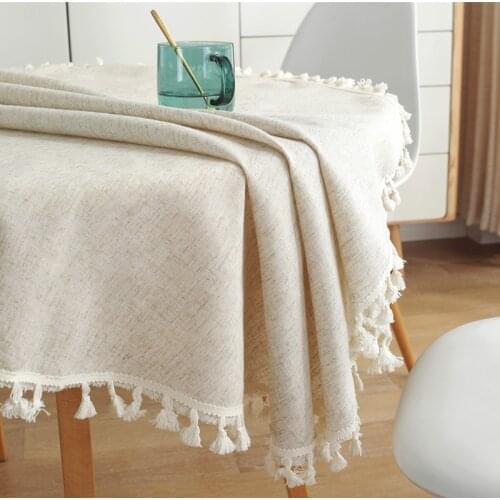Solid Color Linen Cotton Round Tablecloth Beige Fringed Hem Stitching Tea Table Cover Washable Dustproof Christmas Table Cloth