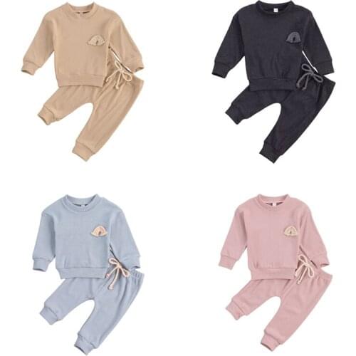Autumn Baby Boys Girls Clothing Suits Casual Baby Clothes Sets Kids Rainbow Embroidery Sweatshirts+Sports Pants Ribbed Tracksuit