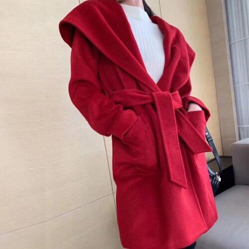 Real hooded ladies 100% wool coat women woollen outwear
