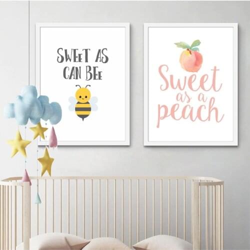Sweet As A Peach Bee Quote Posters and Prints Baby Shower Decoration Watercolor Art Canvas Painting Boy Girl Birthday Party Sign