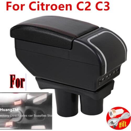 For Citroen C2 armrest box For Citroen C2 C3 Car Armrest Storage Box Cup Holder Modification Accessorissories with USB LED light