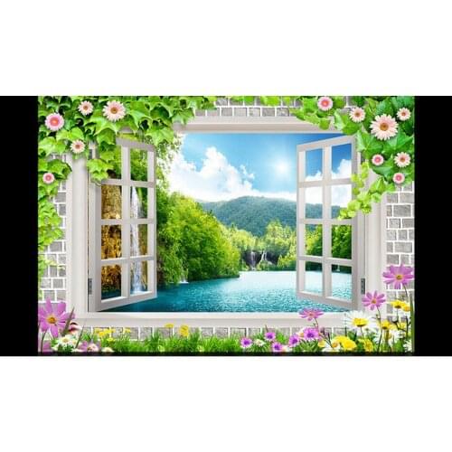 Custom photo wallpaper 3d wall murals wallpaper 3 d window flowers landscape setting wall 3d mural wallpaper home decoration