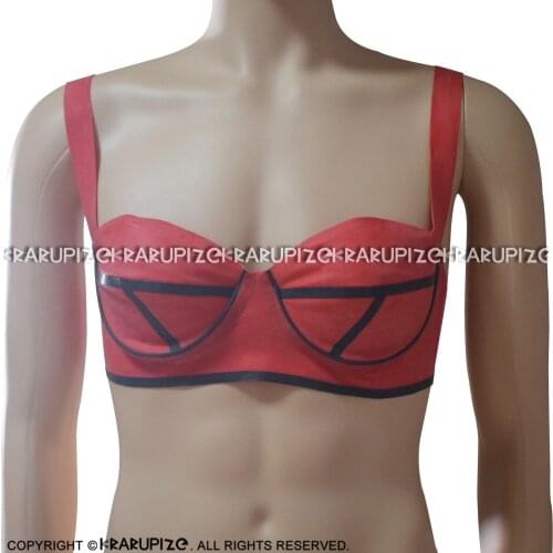 Red And Black Stripes Sexy Latex Bras With Trims Buttons At Back Rubber Lingerie Brassieres BRA-0027