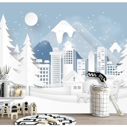 Modern Custom Wall Mural 3D Hand Painted Cartoon Wallpaper For Children Room Elk Forest House Snow Mountain Decoration Photo