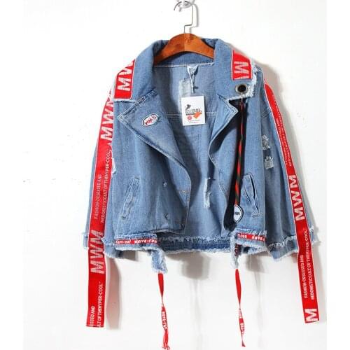Wenfly Women Denim Jacket New Harajuku Streetwear Hip Hop Letter Embroidery Ribbon Korean Loose Female Jeans Coat Plus Size
