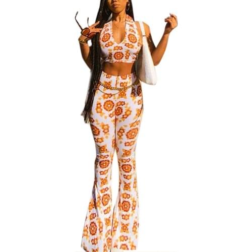 Womens Casual Two Piece Clothes Fashion Printing Cropped Vest and High Waist Trumpet Trousers