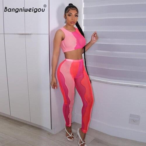 Bangniweigou color block patchwork mesh two piece out women active tank top + leggings see through suits streetwear