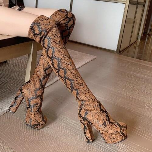 Lady Stretch Fiber New Fashion Boots Comfort Thick Heel Over The Knee Boots Lady Round Snake Print Slip On Platform Women Shoes